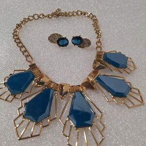 Gold and Blue Statement Necklace and Earring Set